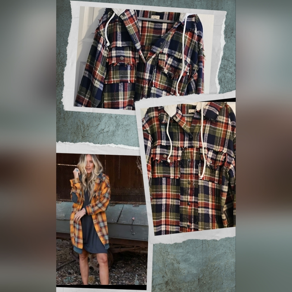 POL Blue Red Green Plaid Hooded Jacket Tunic Length with Frayed Details